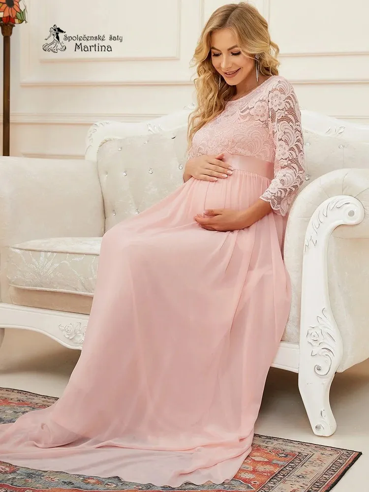 Světle růžové těhotenské šaty "Avila" s krajkovým živůtkem