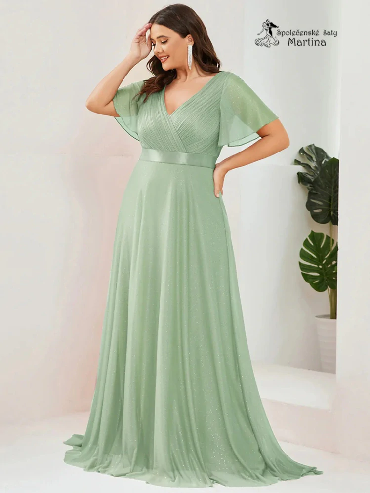 Mintové jemně třpytivé společenské šaty s volnými rukávy "Darien XXL" 