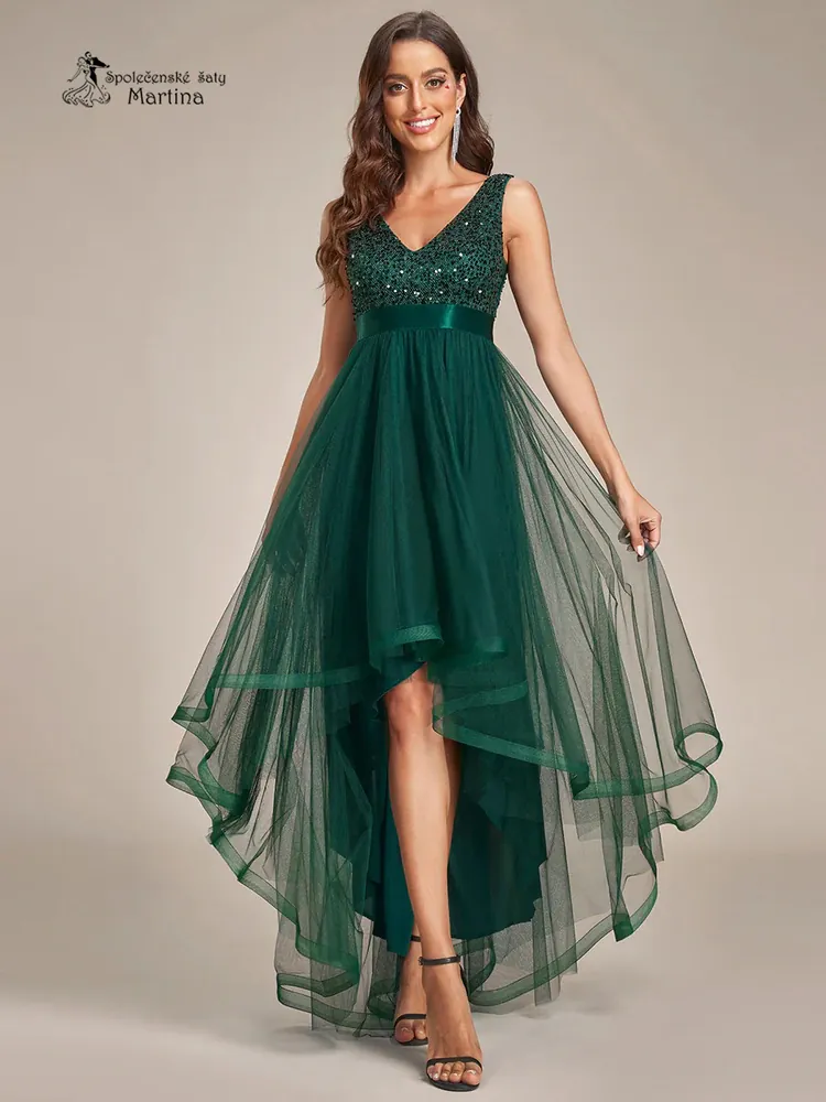 Zelené asymetrické tylové společenské šaty "Leslie" s flitrovým živůtkem