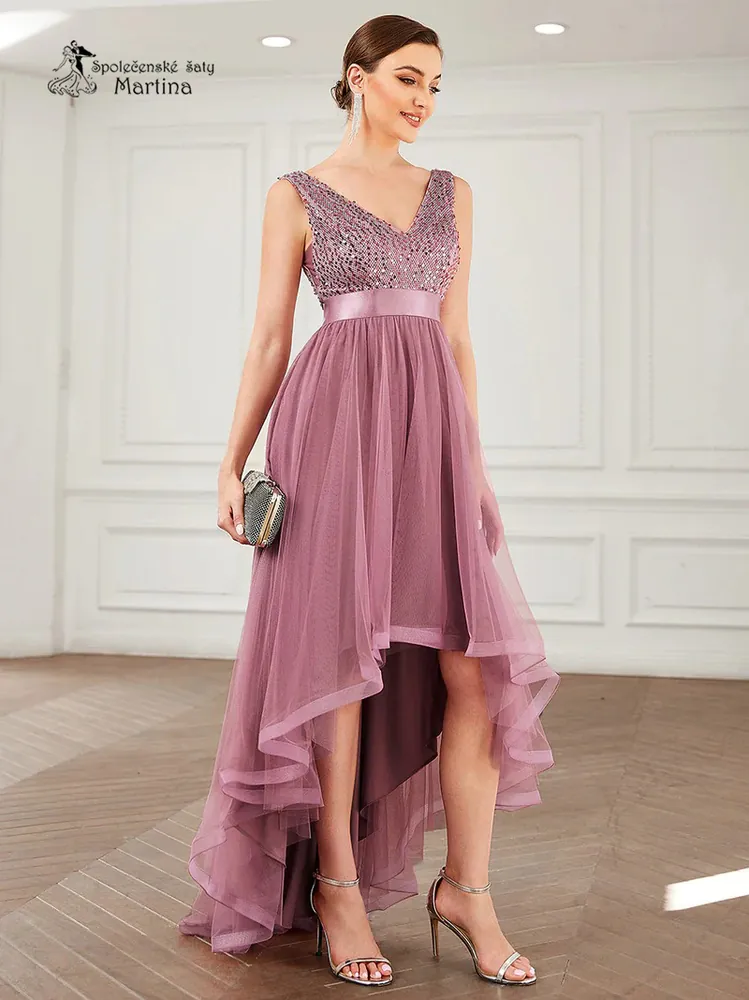 Starorůžové asymetrické tylové společenské šaty "Leslie" s flitrovým živůtkem