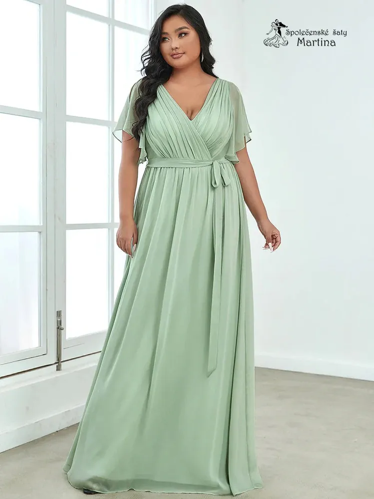 Pistáciové společenské plus size šaty či pro svatebního hosta "Katherine" s volnými rukávy