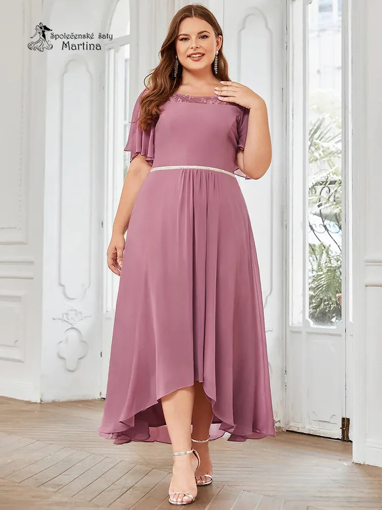 Starorůžové asymetrické šifonové šaty "Lareyna" s volnými rukávy - vel. 48