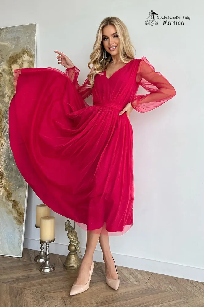 Malinové midi tylové třpytivé šaty "Becca" s rukávy - vel. 36