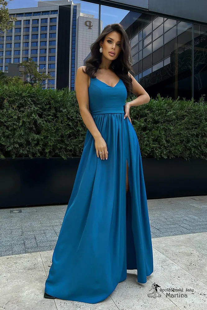 Jednoduché dlouhé petrolejové společenské šaty "Cybilla"