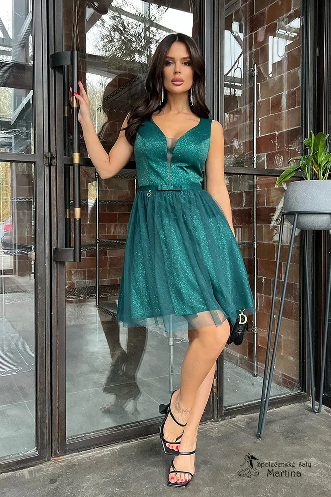 Lahvově zelené krátké třpytivé koktejlové šaty "Laurel"