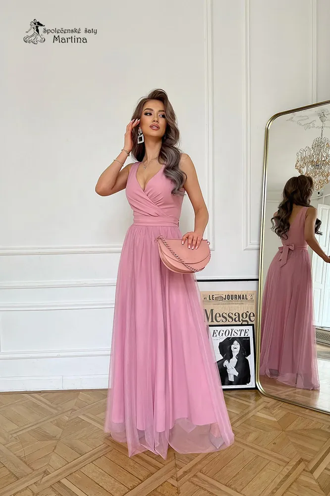 Dlouhé pudrově růžové šaty "Aggie" s jemnou tylovou sukní - vel. 44