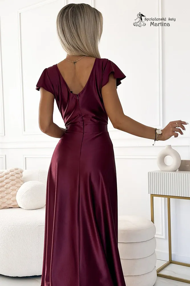 Vínové dlouhé saténové společenské šaty s krátkým rukávkem "Crystal"