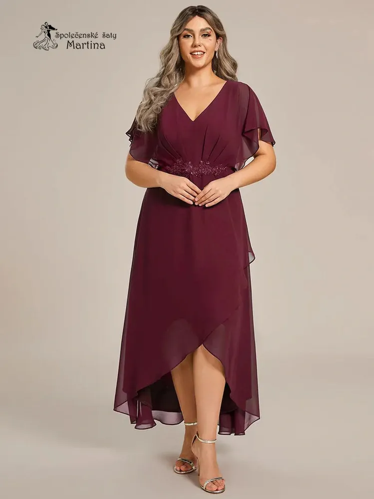 Vínové asymetrické plus size šaty "Calante"
