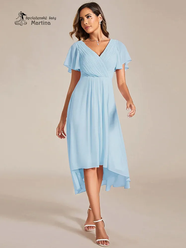 Blankytně modré midi asymetrické šifonové šaty s volným rukávem "Debra" - vel. 40