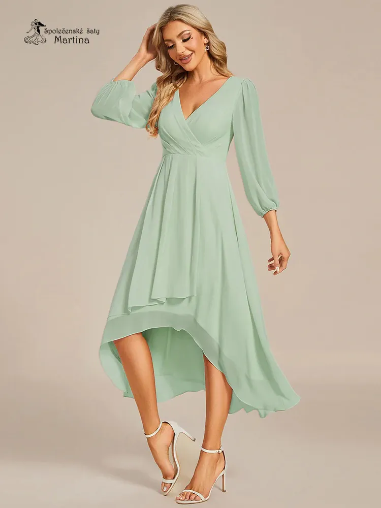 Pistáciové midi asymetrické šifonové šaty s 3/4 rukávem "Hirah"