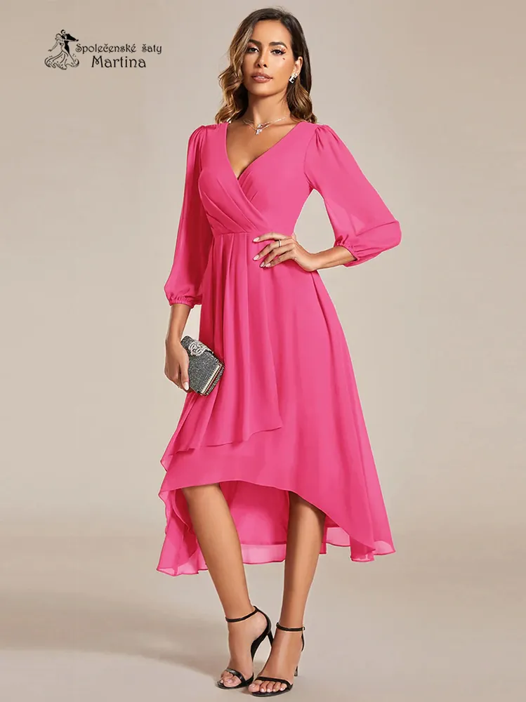 Fuchsiové midi asymetrické šifonové šaty s 3/4 rukávem "Hirah"