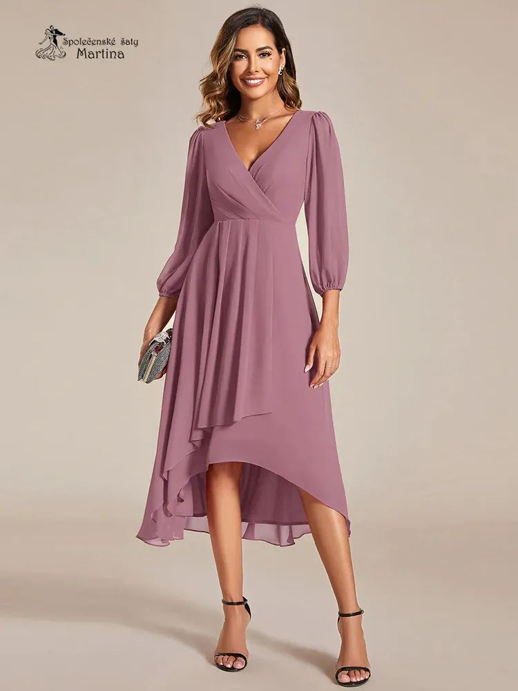 Starorůžové midi asymetrické šifonové šaty s 3/4 rukávem "Hirah"