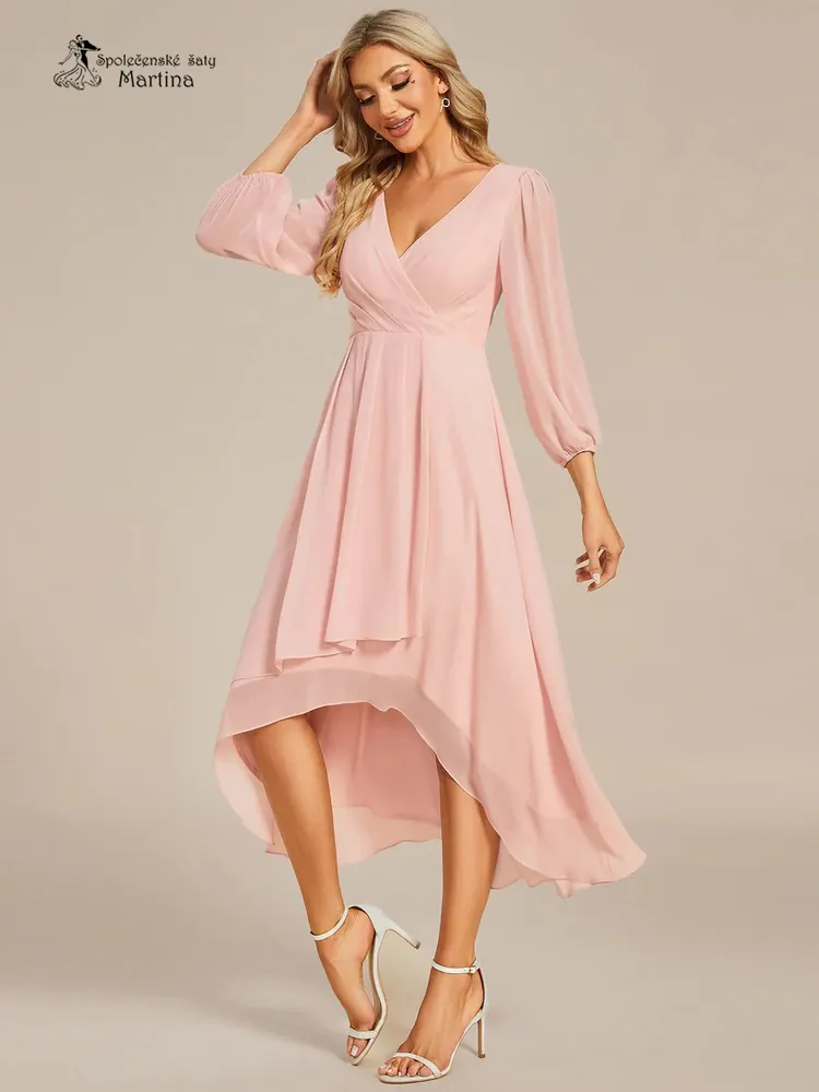 Světle růžové midi asymetrické šifonové šaty s 3/4 rukávem "Hirah"