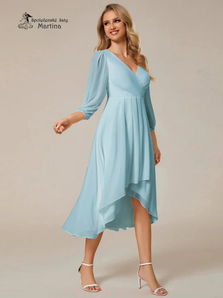Světle modré midi asymetrické šifonové šaty s 3/4 rukávem "Hirah"