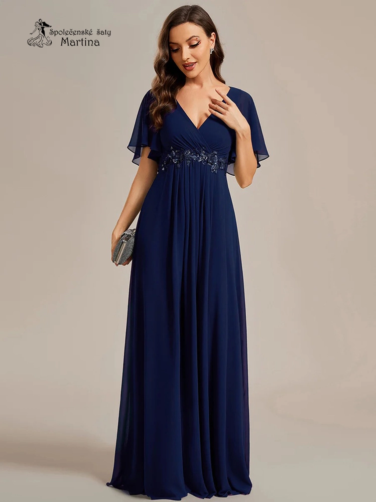 Tmavě modré šifonové šaty "Pandora" s volným rukávem a aplikací v pase