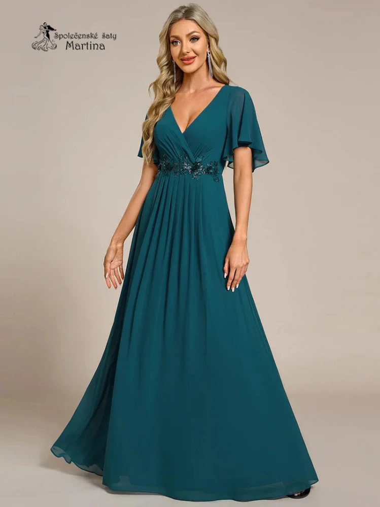 Petrolejové šifonové šaty "Pandora" s volným rukávem a aplikací v pase