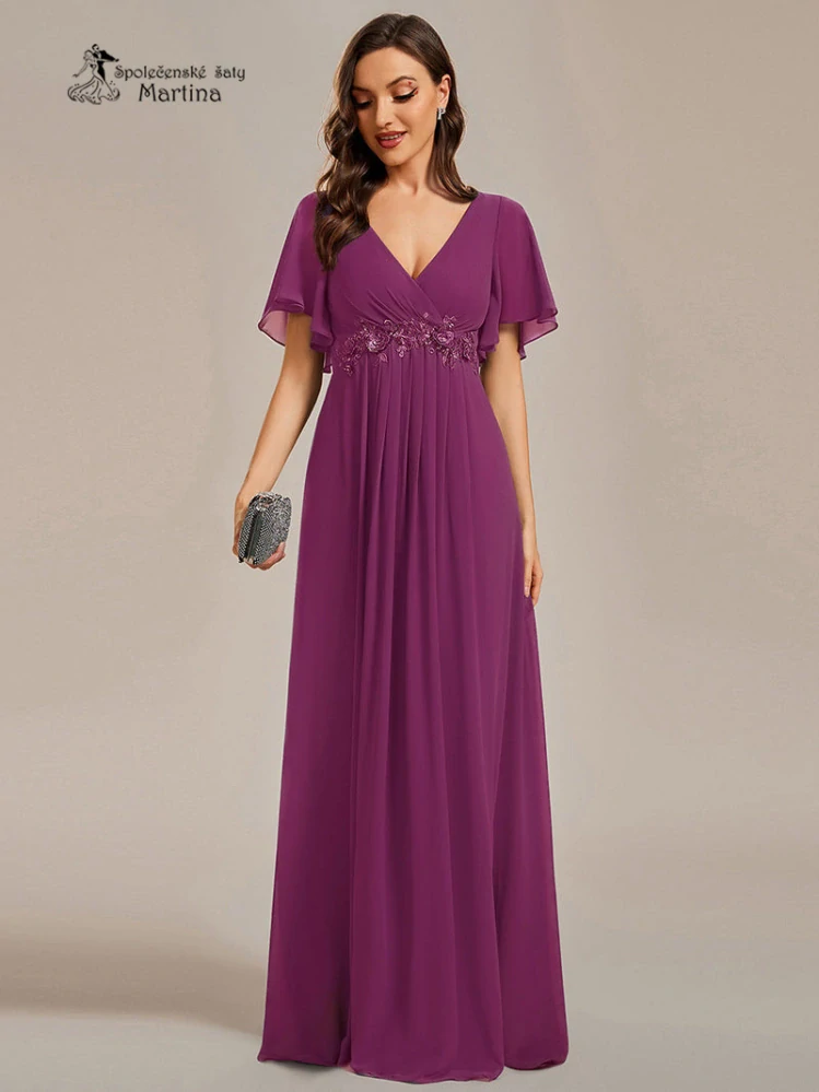 Fuchsiové šifonové šaty "Pandora" s volným rukávem a aplikací v pase