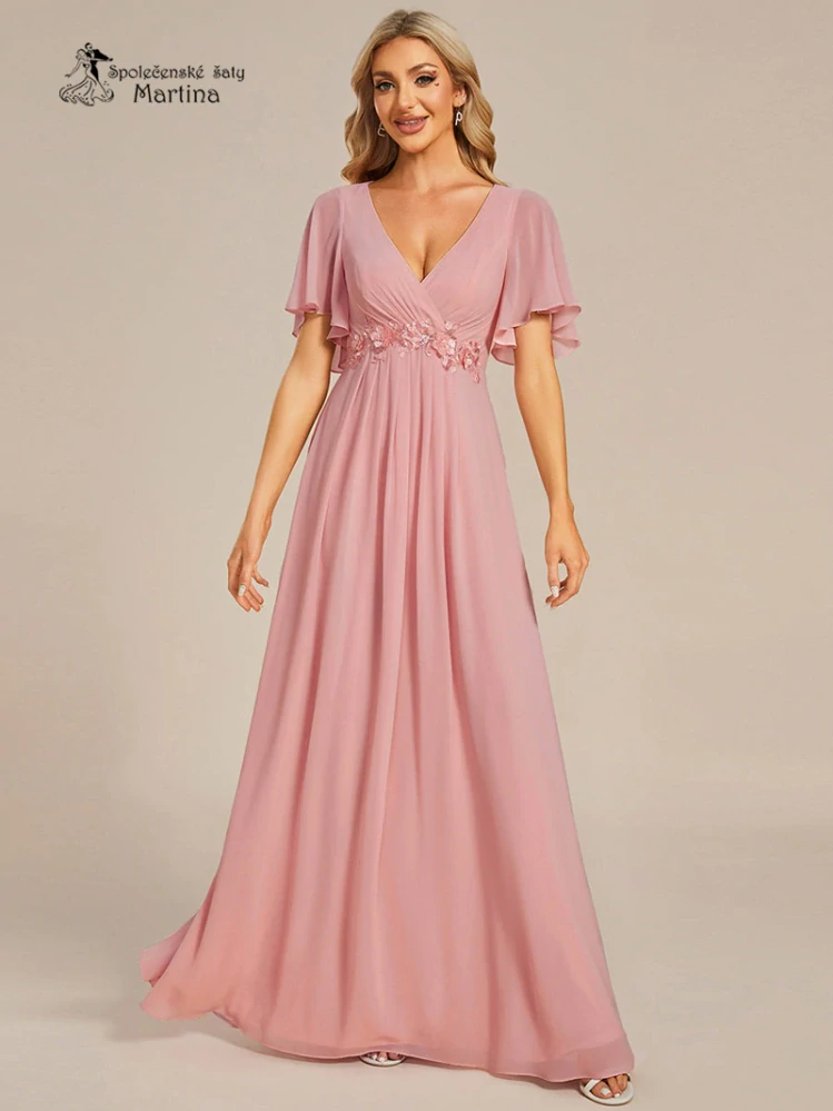 Starorůžové šifonové šaty "Pandora" s volným rukávem a aplikací v pase