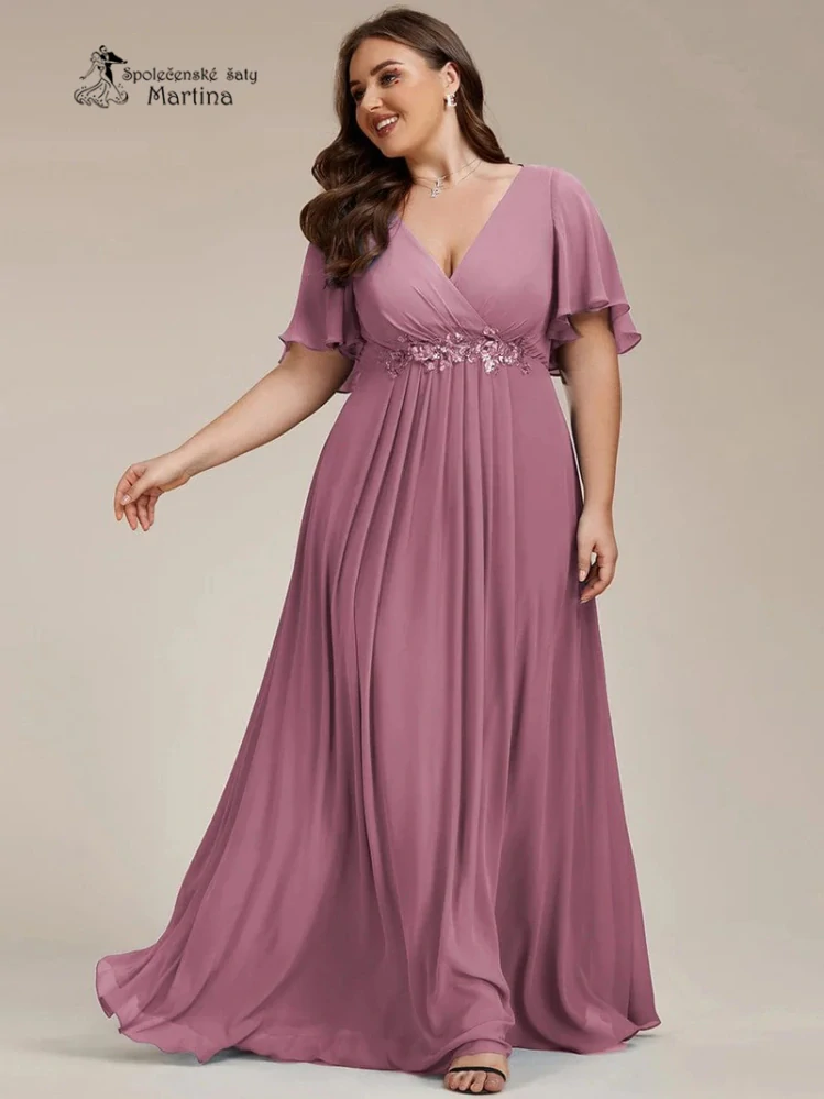 Tmavě starorůžové šifonové XXL šaty "Pandora" s volným rukávem a aplikací v pase