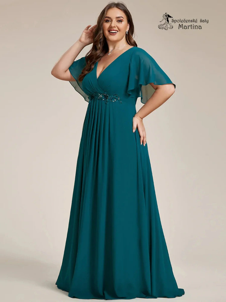 Petrolejové šifonové XXL šaty "Pandora" s volným rukávem a aplikací v pase