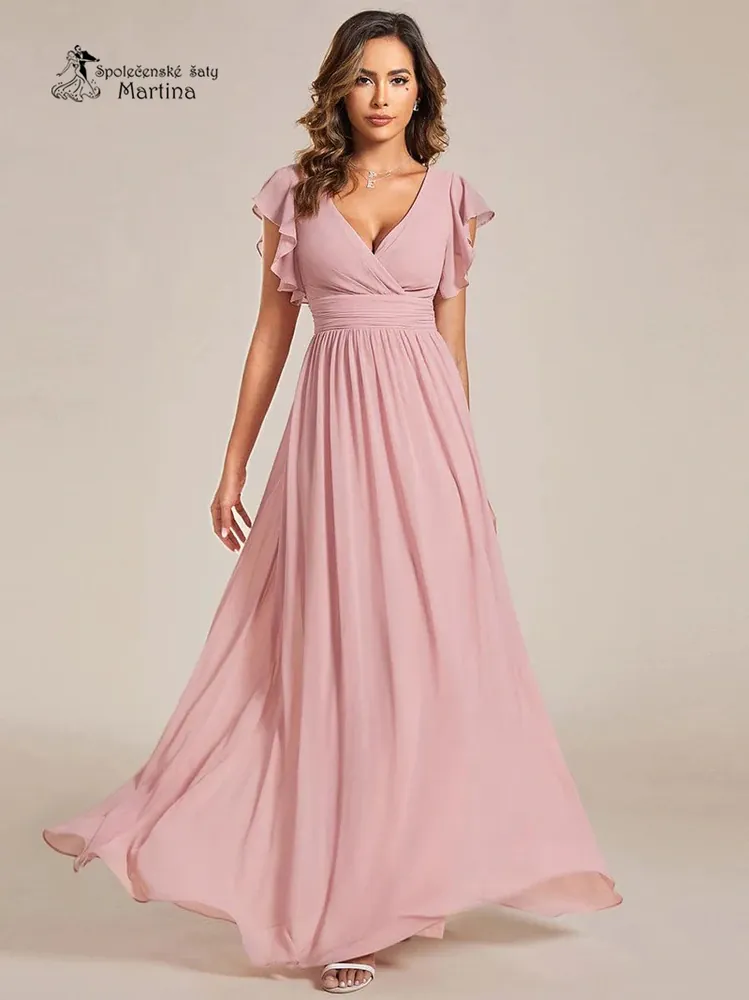 Jahodové jednoduché elegantní šifonové šaty s rukávkem "Madison"