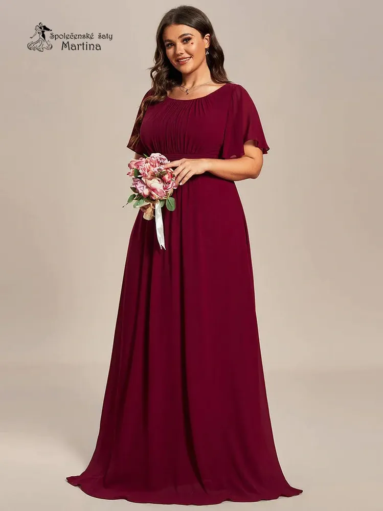 Vínové šifonové šaty s rukávkem a žabičkováním na zádech "Stela"