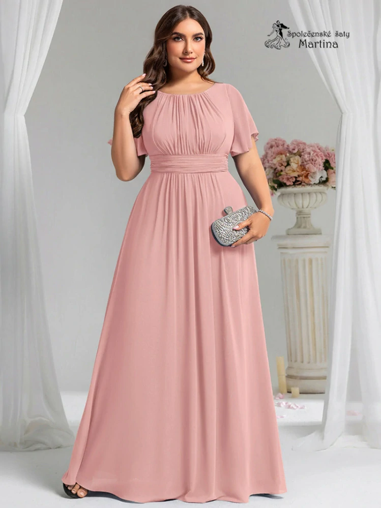 Růžové šifonové šaty s rukávkem a žabičkováním na zádech "Stela"