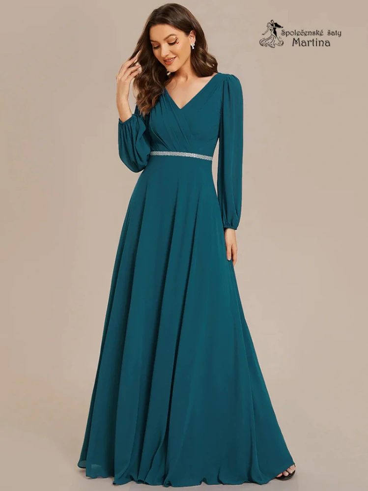 Petrolejové společenské šaty s dlouhými rukávy "Kerenza"