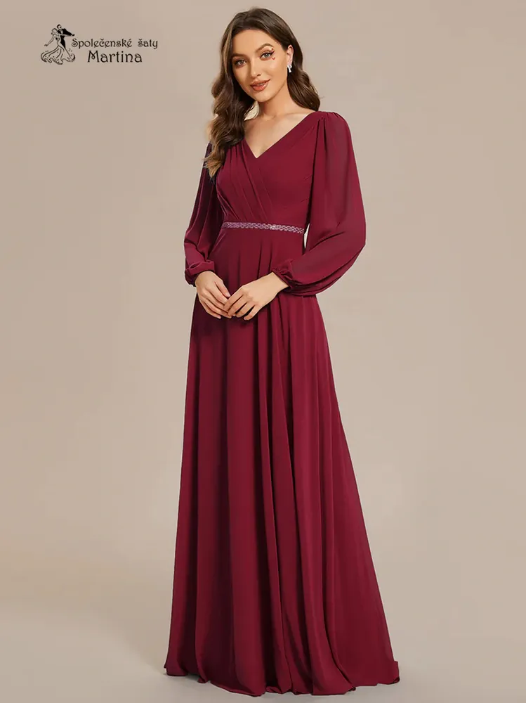 Vínové společenské šaty s dlouhými rukávy "Kerenza"