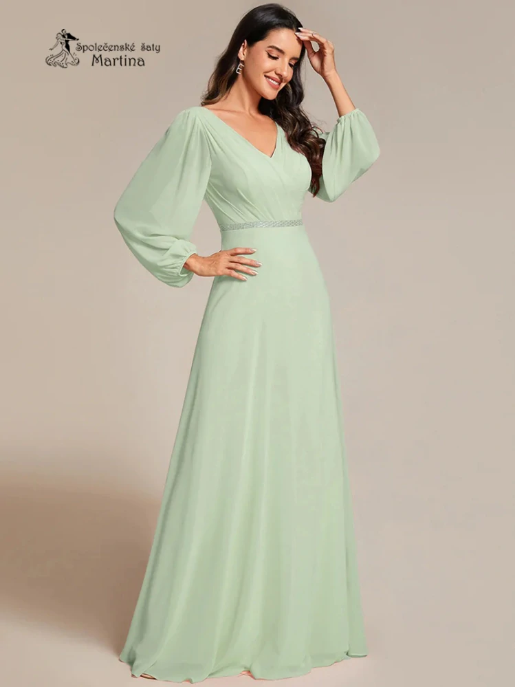 Světle zelené společenské šaty s dlouhými rukávy "Kerenza"