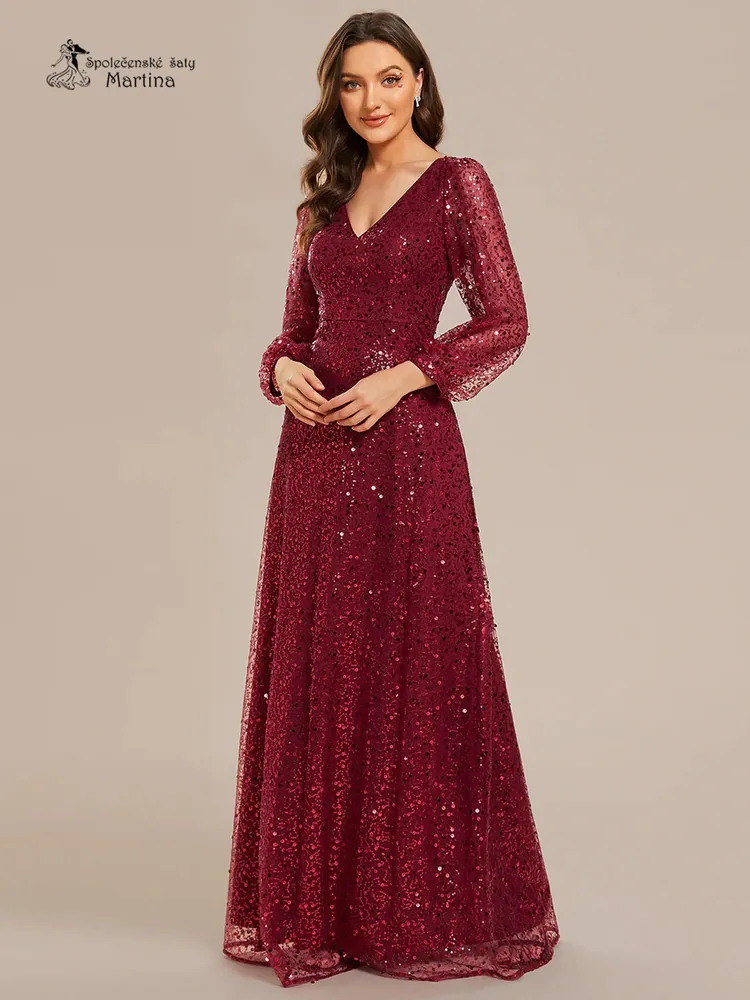 Vínové celozdobené společenské šaty s dlouhými rukávy "Careen"