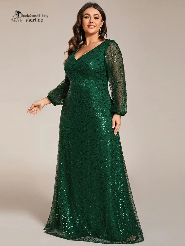 Tmavě zelené celozdobené společenské XXL šaty s dlouhými rukávy "Careen"