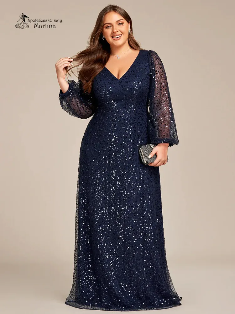 Tmavě modré celozdobené společenské XXL šaty s dlouhými rukávy "Careen"