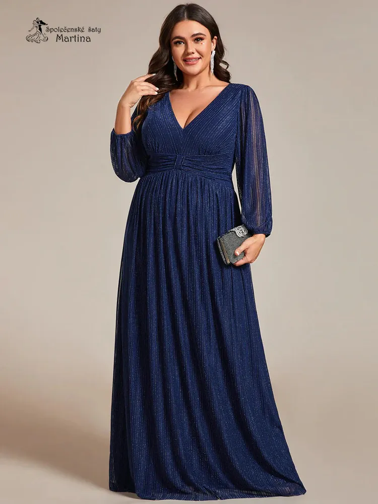 Tmavě modré žebrované společenské XXL šaty "Antony" s dlouhými rukávy 