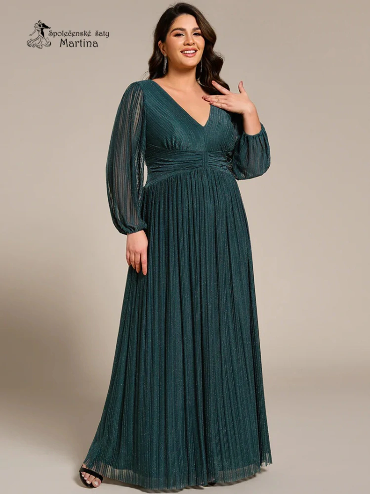 Petrolejové žebrované společenské XXL šaty "Antony" s dlouhými rukávy 
