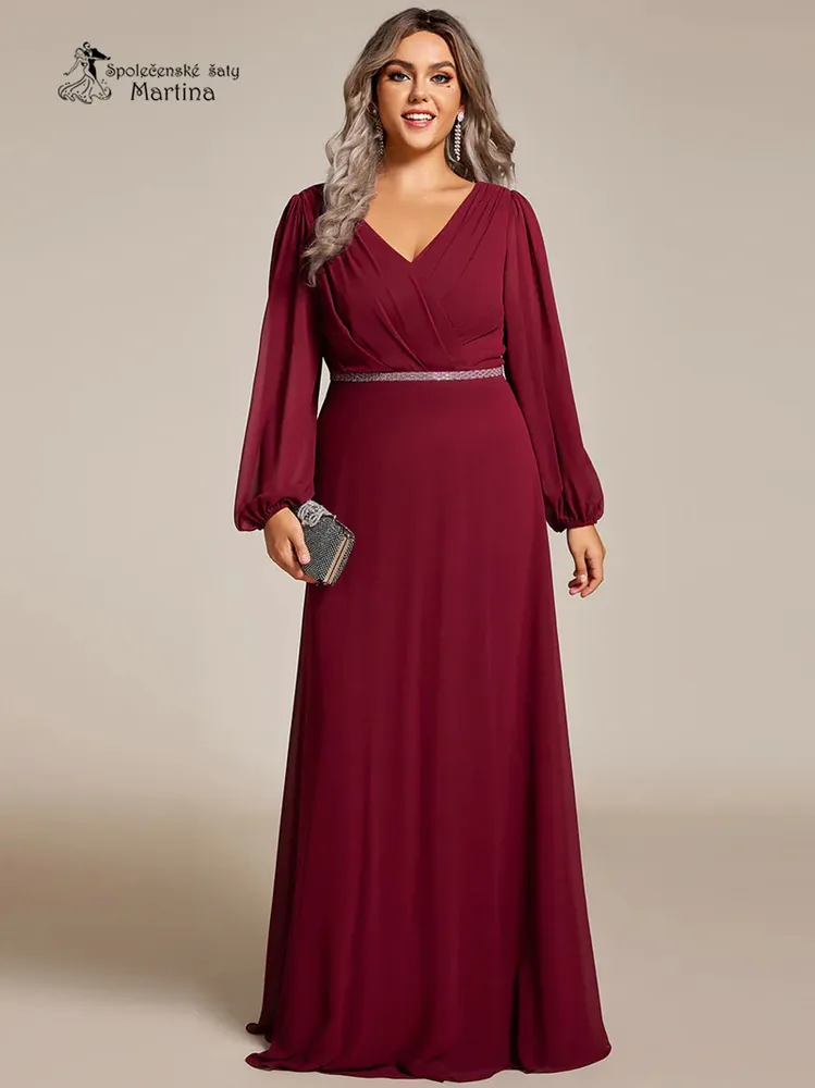 Vínové plus size společenské šaty s dlouhými rukávy "Kerenza"