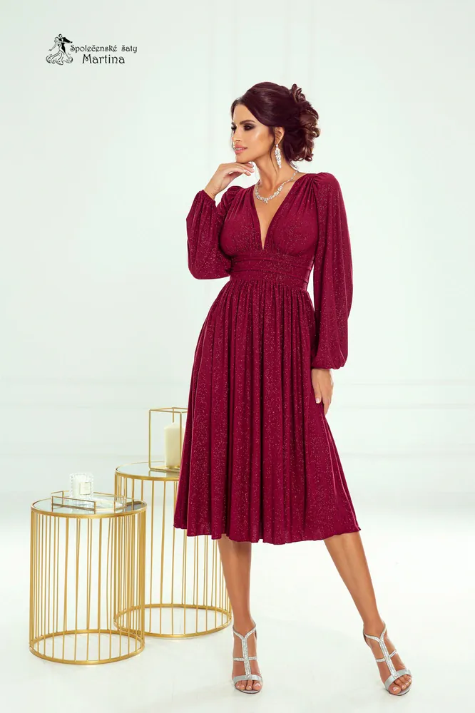Vínové třpytivé midi šaty "Klara" s dlouhým rukávem