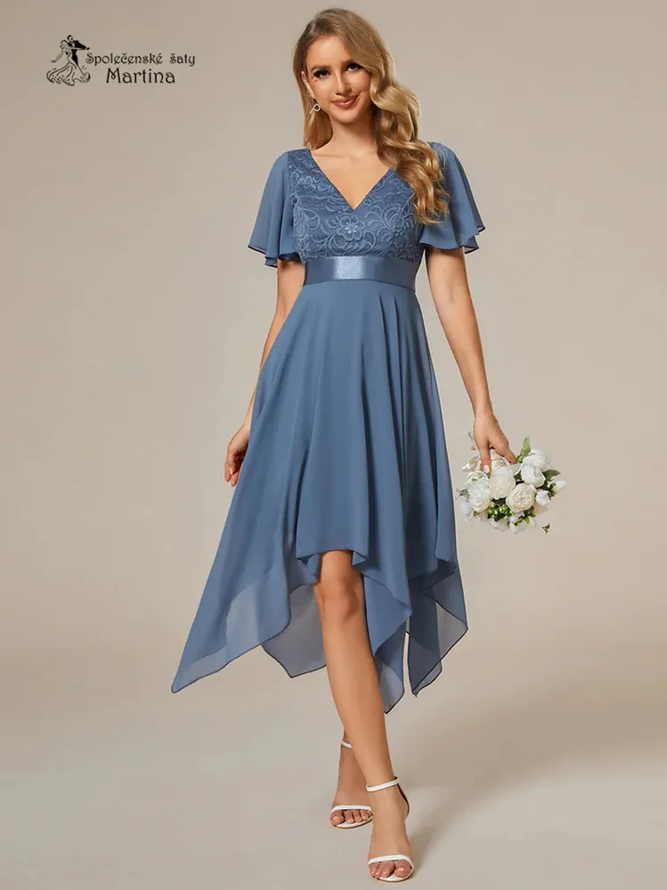 Dusty navy krátké šaty s cípy v sukni a volným rukávem "Jackeline"