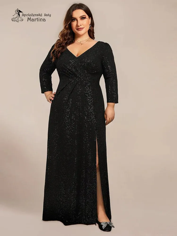 XXL černé třpytivé společenské šaty s dlouhými rukávy "Natalia"