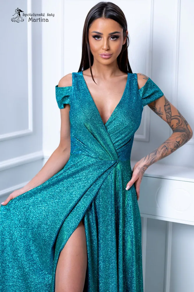 Smaragdové společenské šaty "Gala diamond" se spadeným rukávem