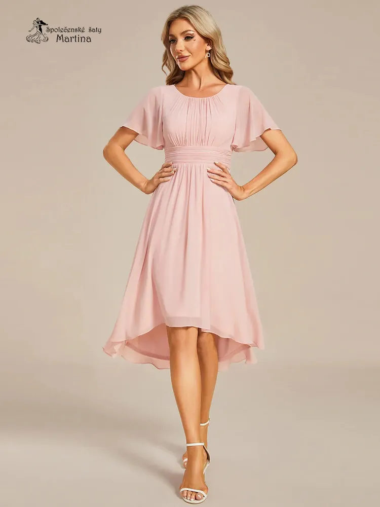 Jednoduché růžové šifonové šaty po kolena "Lola" s krátkým rukávem