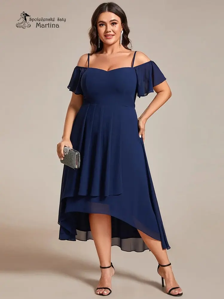 Tmavě modré XXL asymetrické šaty "Belinda" se spadenými rukávy