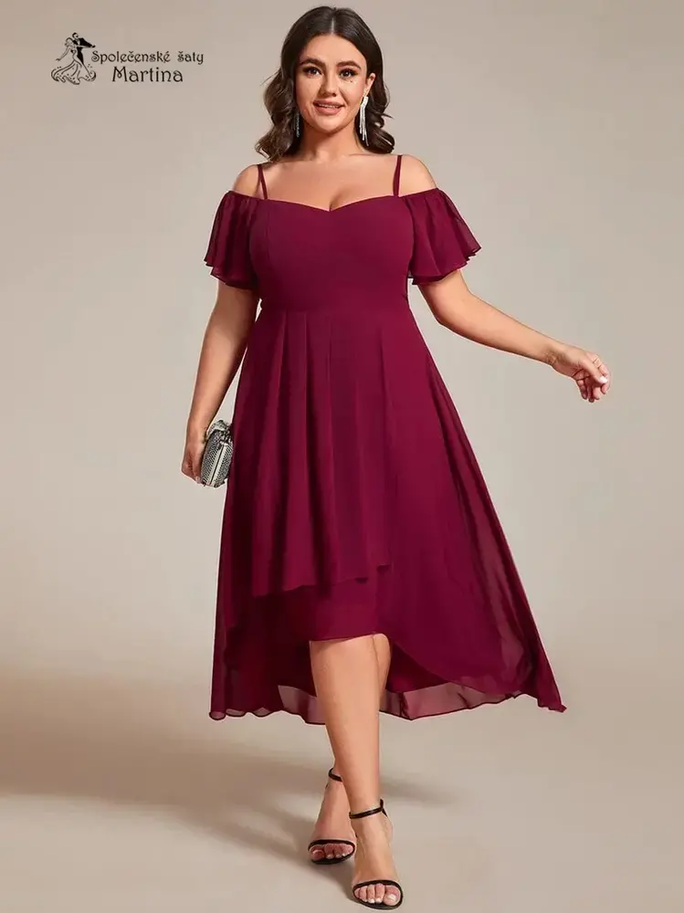 Vínové XXL asymetrické šaty "Belinda" se spadenými rukávy