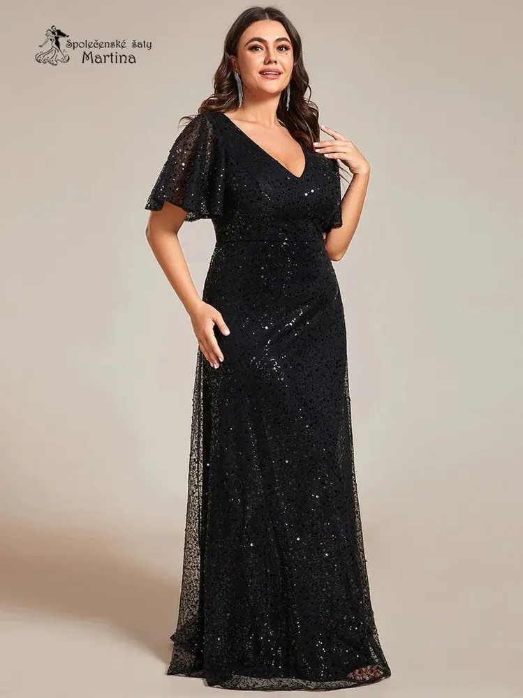 XXL černé celozdobené společenské šaty s volnými rukávy "Kitty"