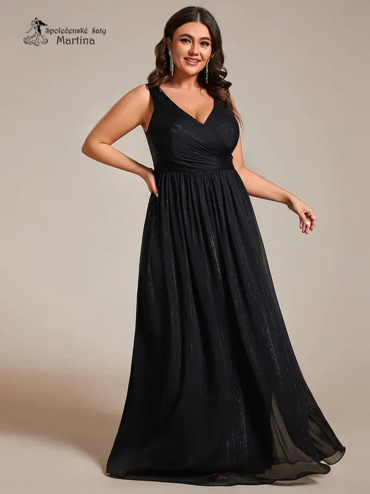 Plus size černé dlouhé společenské šaty "Kristeen" z krásné látky protkané stříbrnou nití