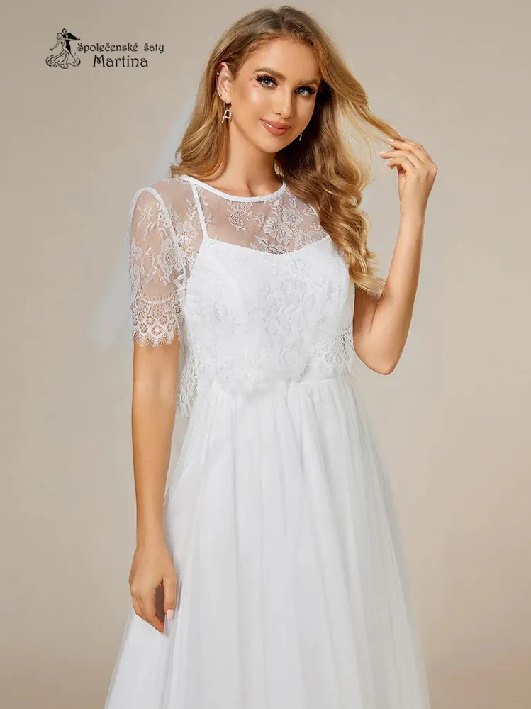 Svatební šaty na tenká ramínka s krajkovým přehozem "Laverne"