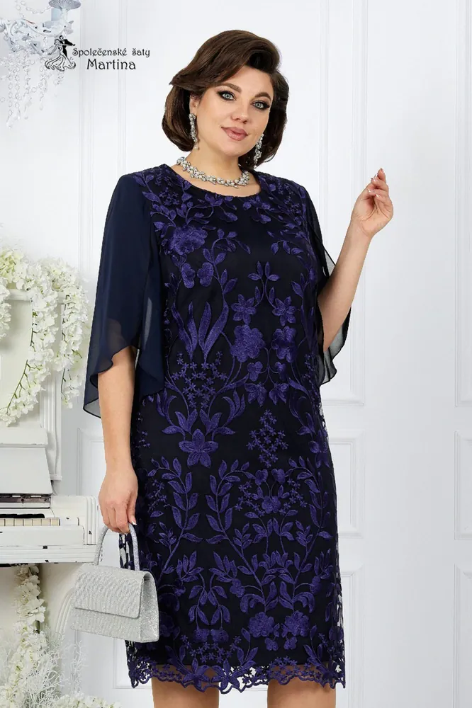 Tmavě modré pouzdrové šaty "Julianna" s netopýřími šifonovými rukávy 