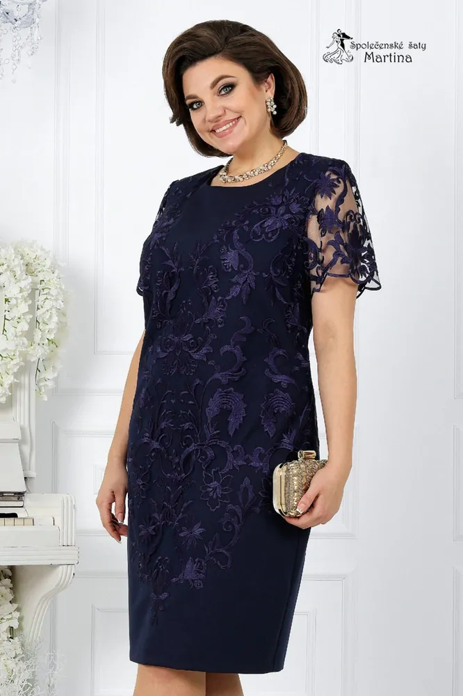 Tmavě modré pouzdrové šaty s krátkým rukávem "Arista" pro svatební maminku či hosta 