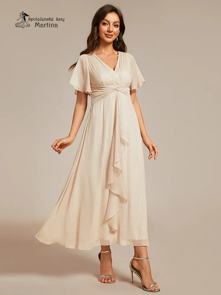 Champagne midi šaty "Natasha" s volnými rukávy