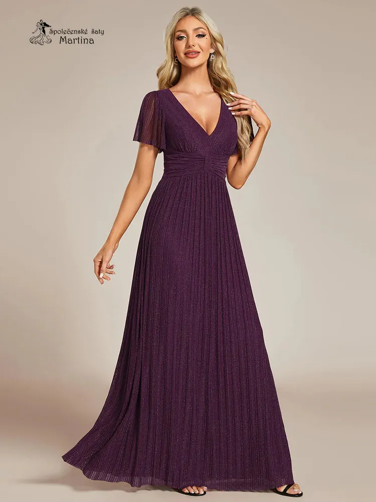 Tmavě fialové žebrované společenské šaty "Ebonny" s krátkými rukávy 